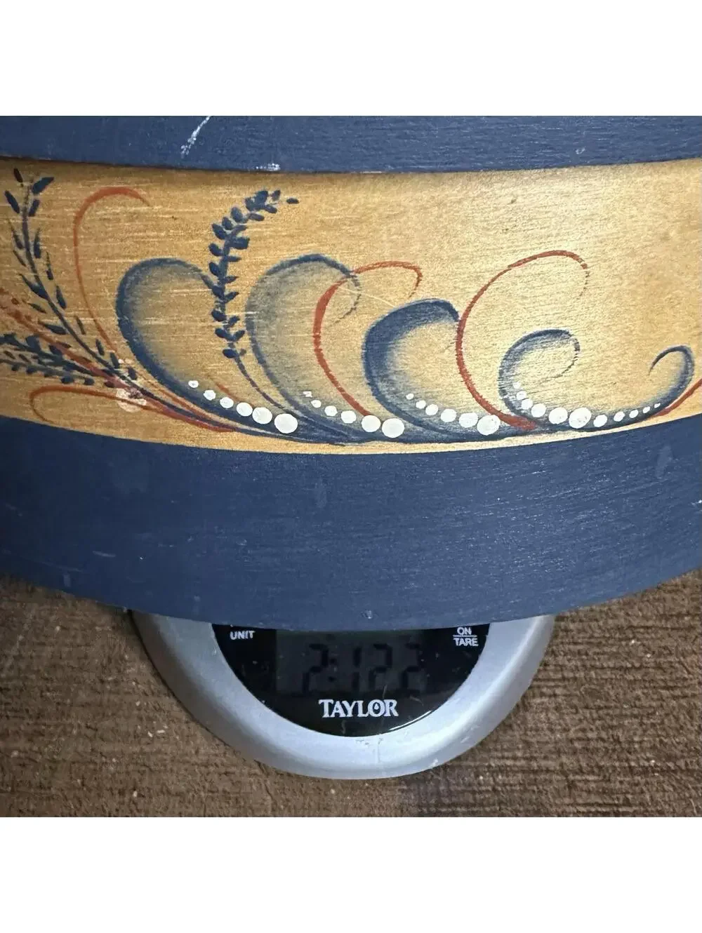 Hand-Painted Wooden Round Box with Blue and Natural Finish